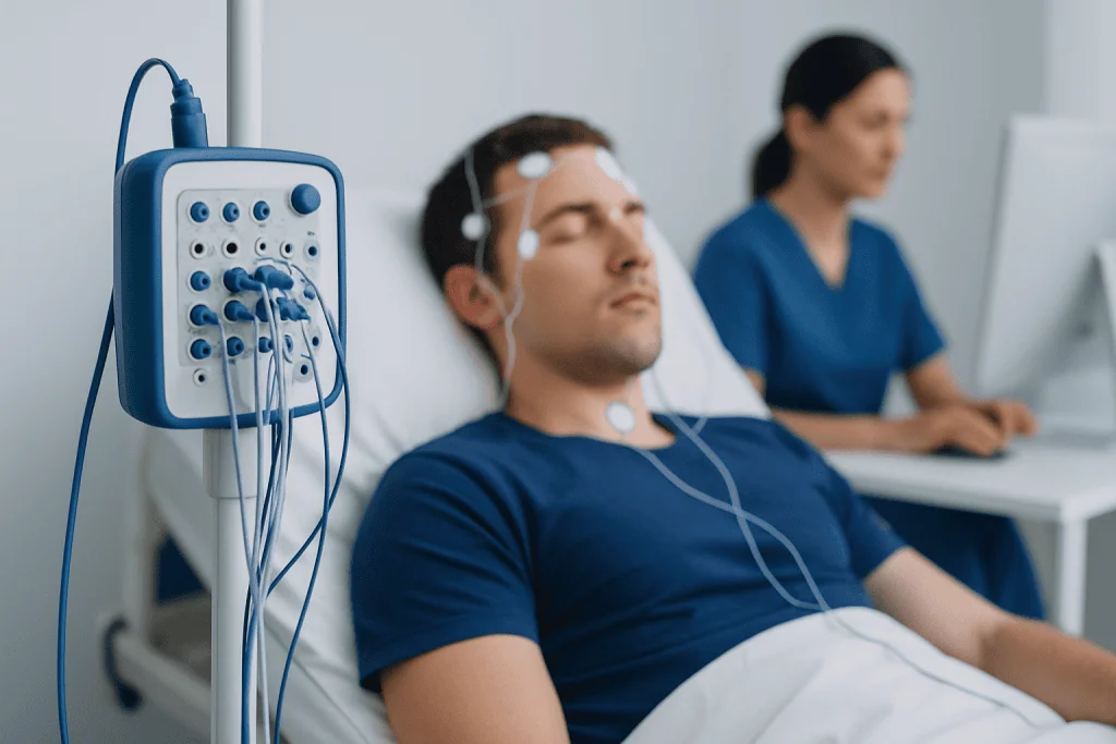 Patient undergoing sleep study with EEG monitoring at Acibadem Hospitals.