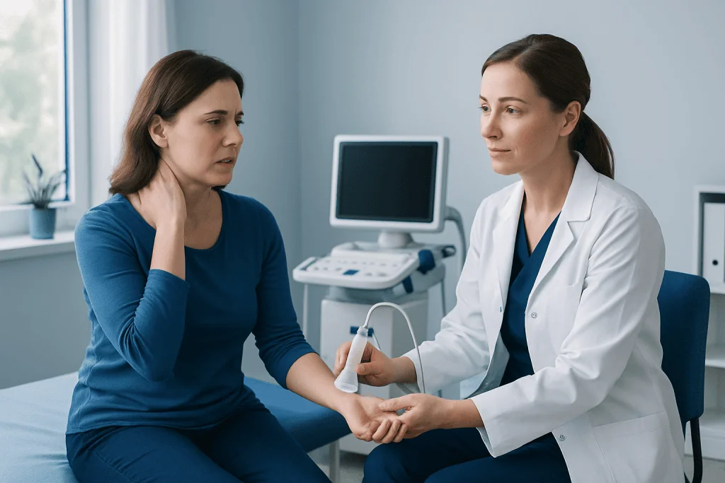 Doctor performing nerve ultrasound on patient in clinical setting.