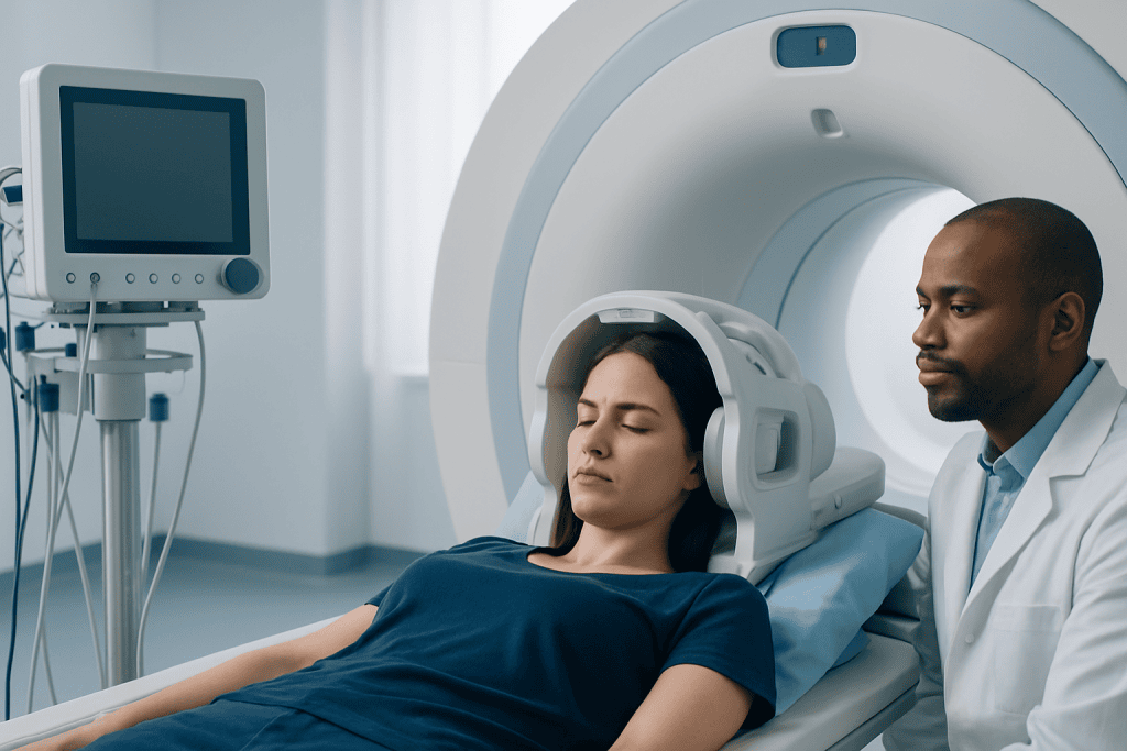 Patient undergoing MRI scan at Acibadem Hospital for neuroinfectious disease testing.