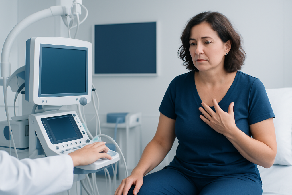 Woman experiencing chest discomfort during a medical examination in a hospital.