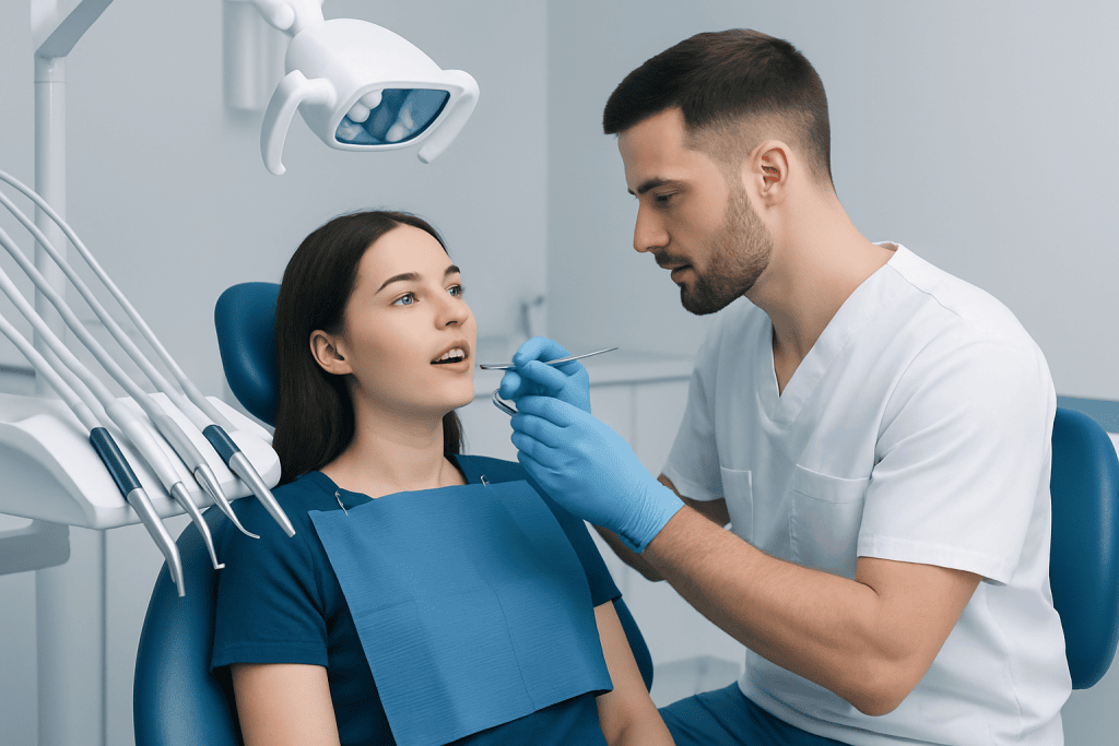 Dentist examining young woman's teeth in a modern dental clinic.