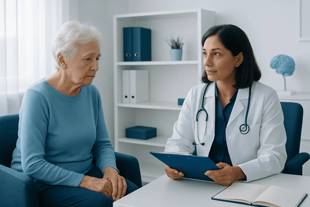 Geriatric patient consulting with a neurologist in a medical office.