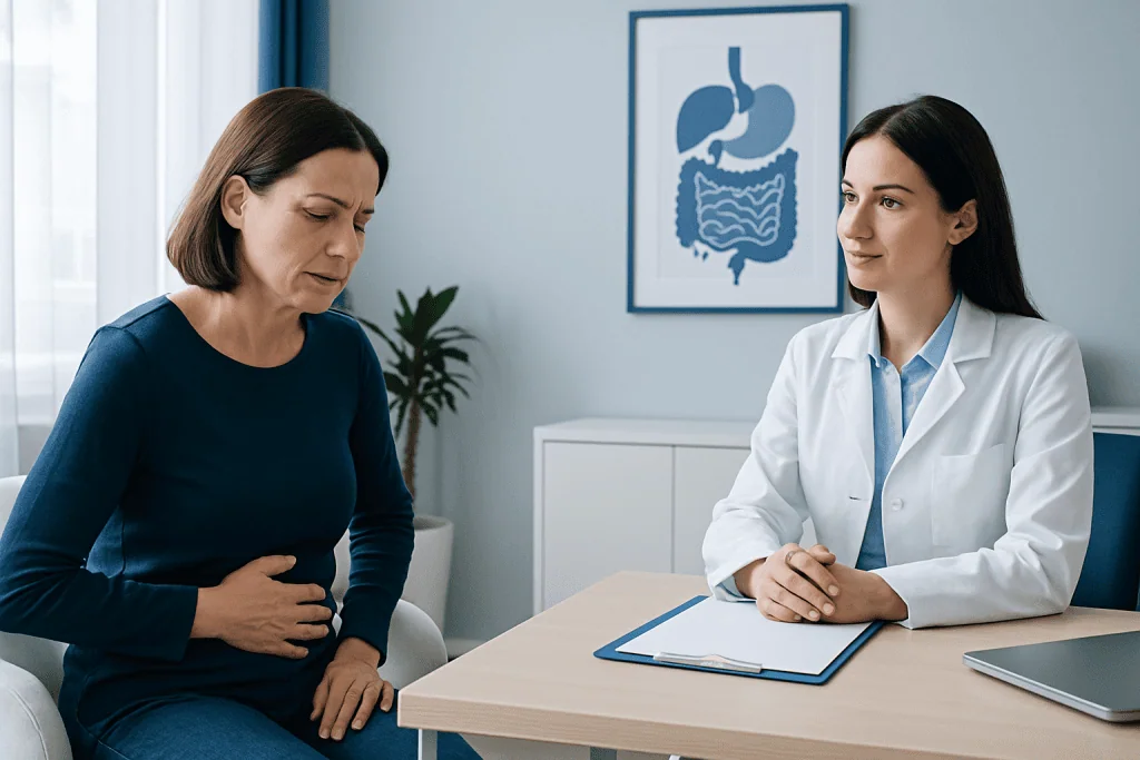Gastroenterology consultation at Acibadem Hospitals Group with doctor and patient.
