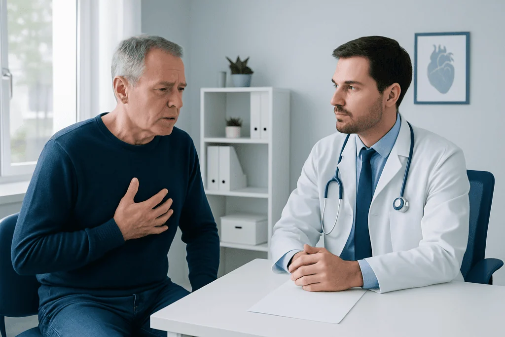 Doctor consulting with an elderly male patient about heart health.