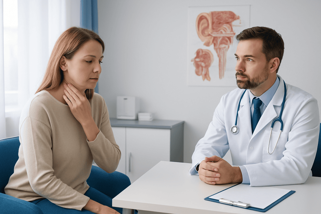 ENT doctor consulting with a patient in a medical office.