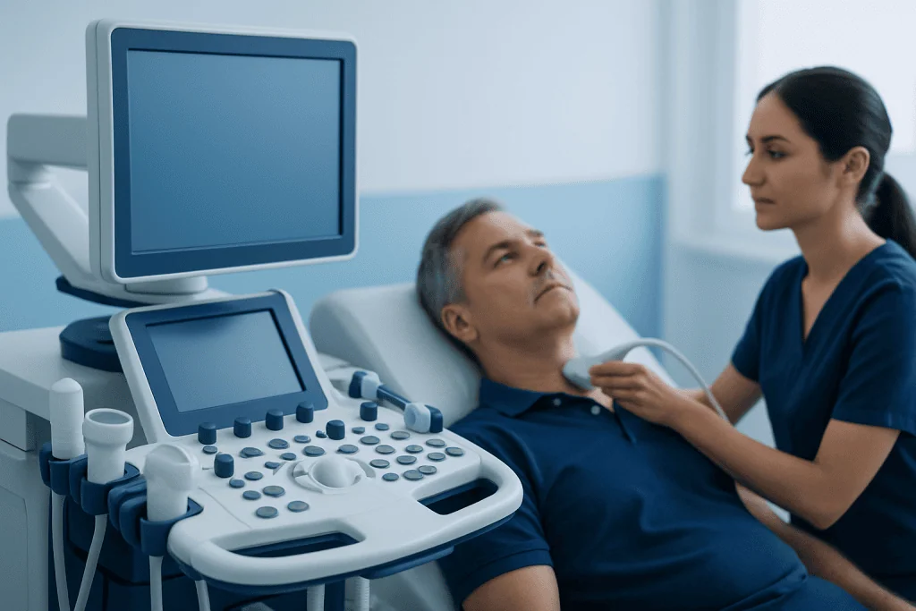 Medical professional performing an ultrasound on a patient in a hospital setting.