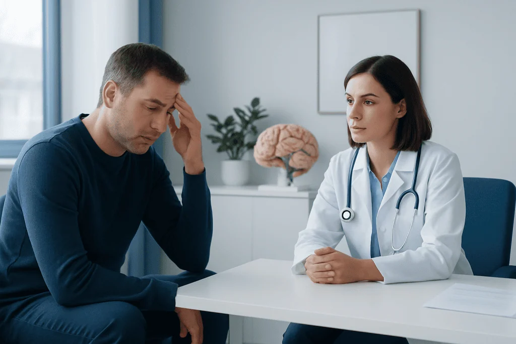 Doctor consulting with a patient about neurological health in a clinic setting.