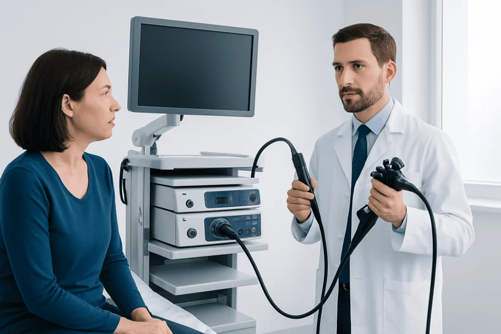 Doctor explaining endoscopy procedure to patient in clinic.
