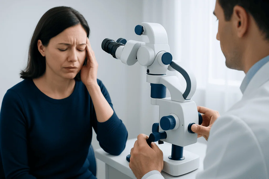 Patient undergoing vestibular testing for vertigo diagnosis at Acibadem Hospital.