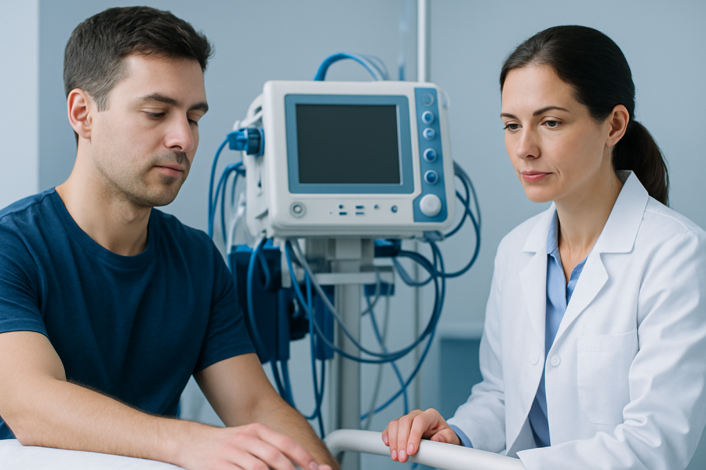 Doctor examining a patient with medical equipment in the background.