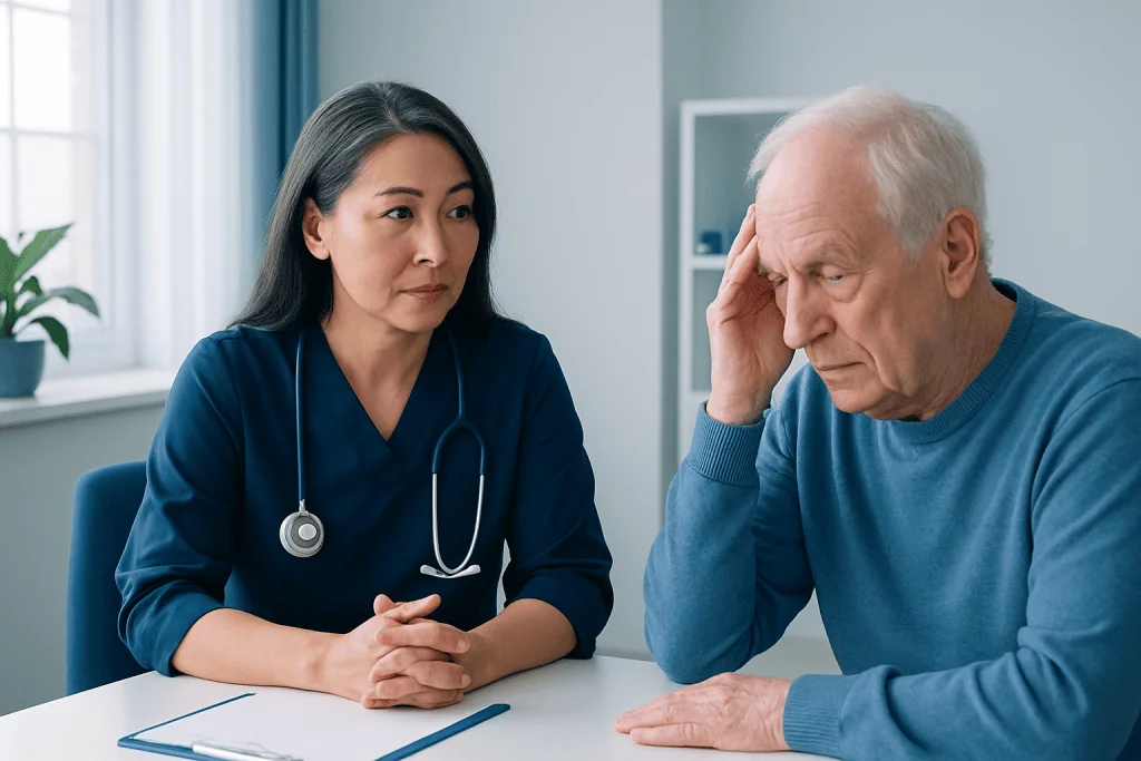 Doctor consulting with an elderly patient about memory issues.