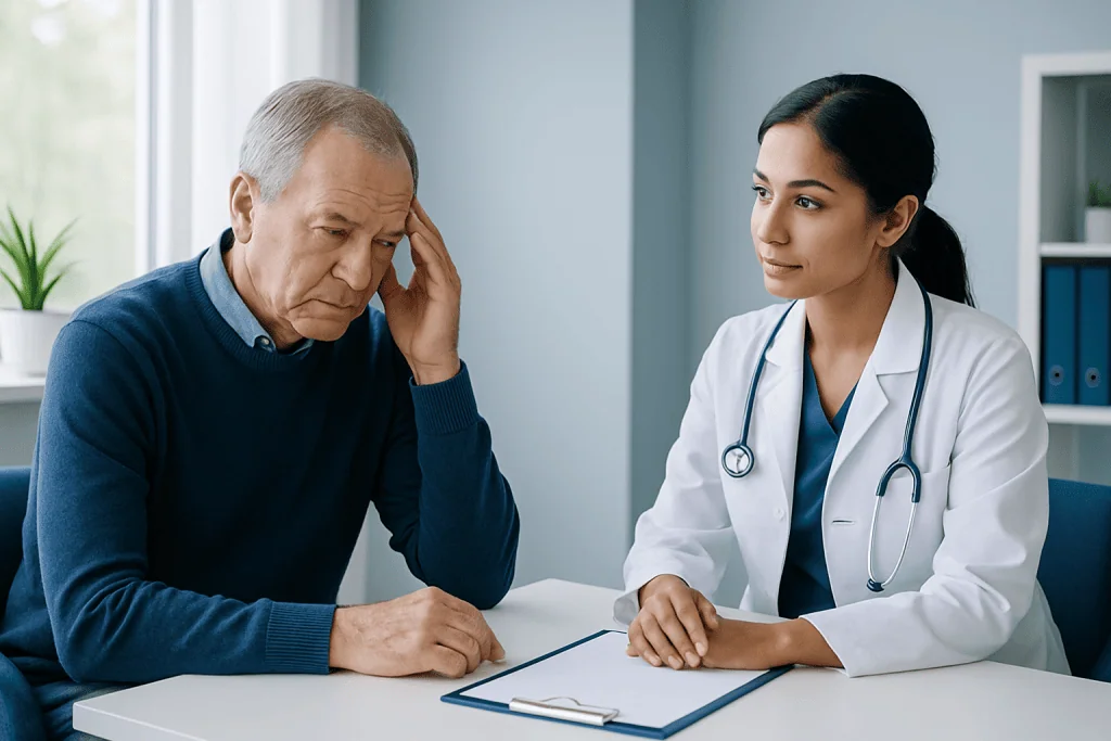 Doctor consulting with an elderly patient about memory loss symptoms.