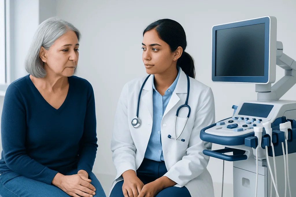 Doctor consulting with an elderly patient in a medical office.