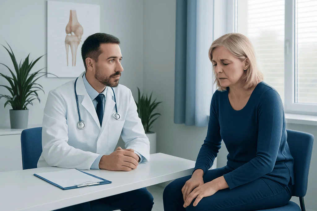 Orthopedist consulting with a patient in a medical office.