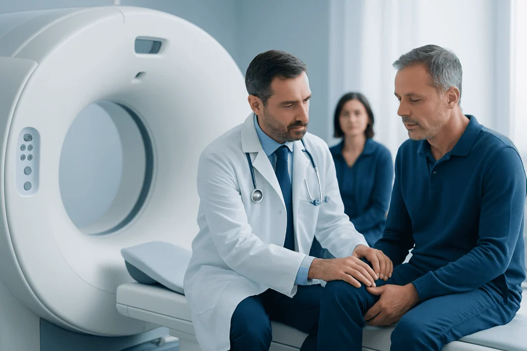 Doctor examining patient's knee in a hospital setting for orthopedic diagnosis.