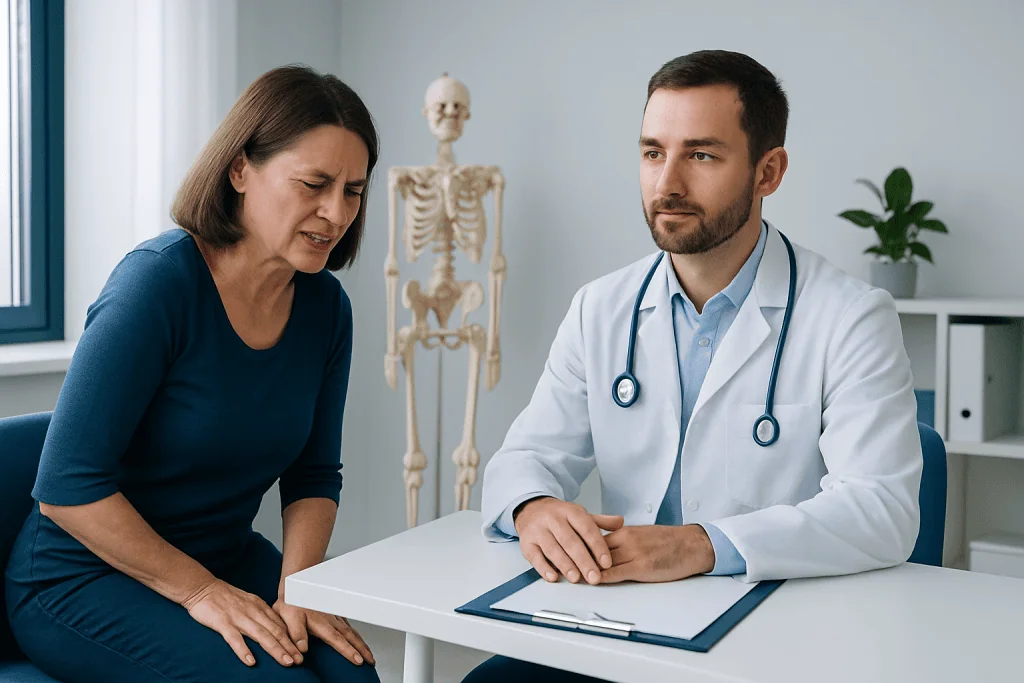 Doctor consulting with a patient in a medical office with a skeleton model in the background.