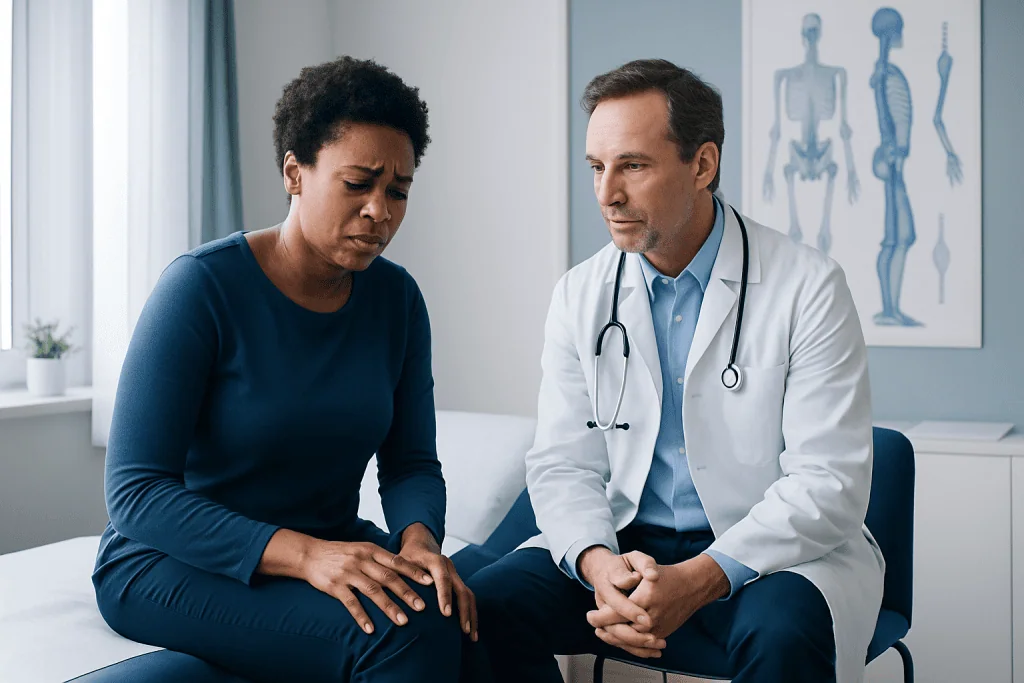 Doctor consulting with a patient about joint pain in a medical office.