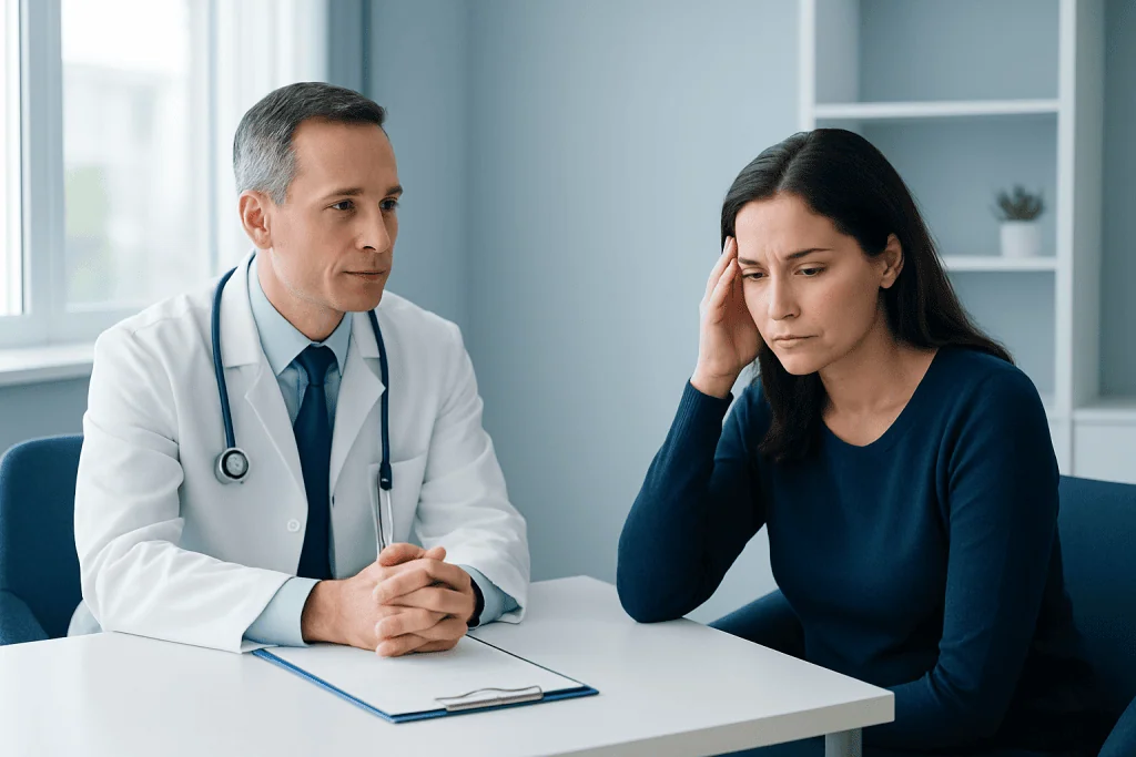 Doctor consulting with a woman patient in a medical office.