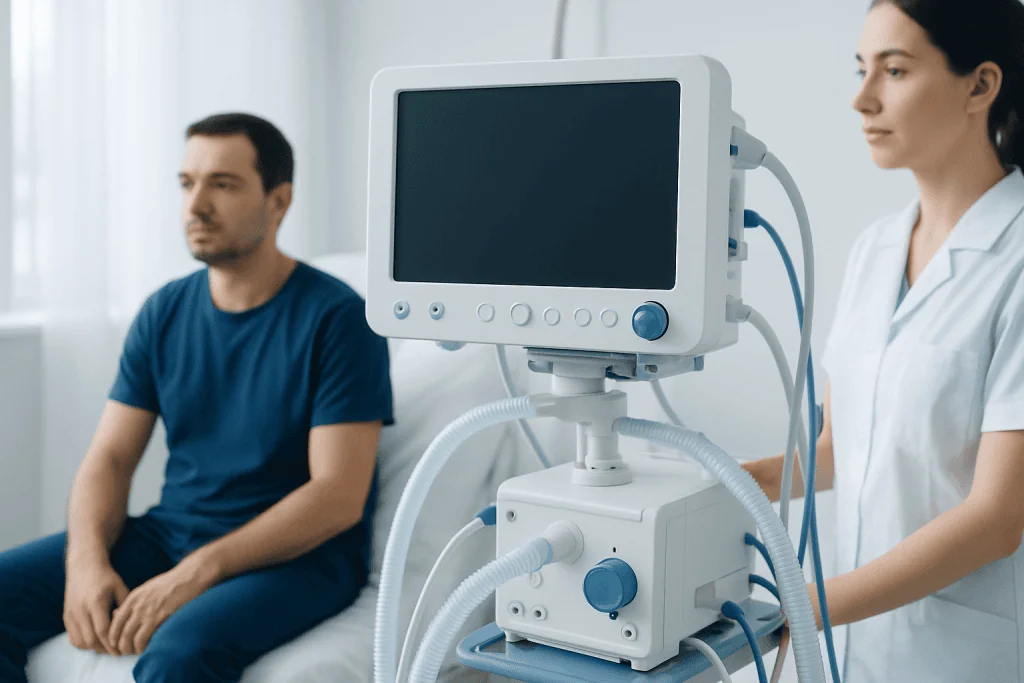 Medical professional monitoring patient with ventilator in hospital.
