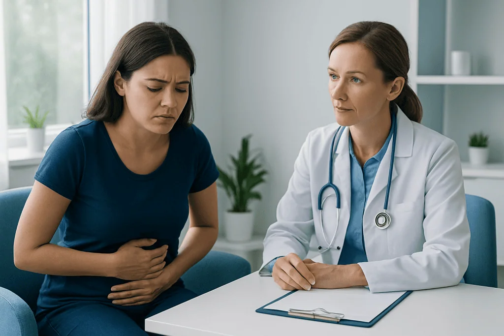 Patient experiencing nausea during medical consultation at Acibadem Hospital.