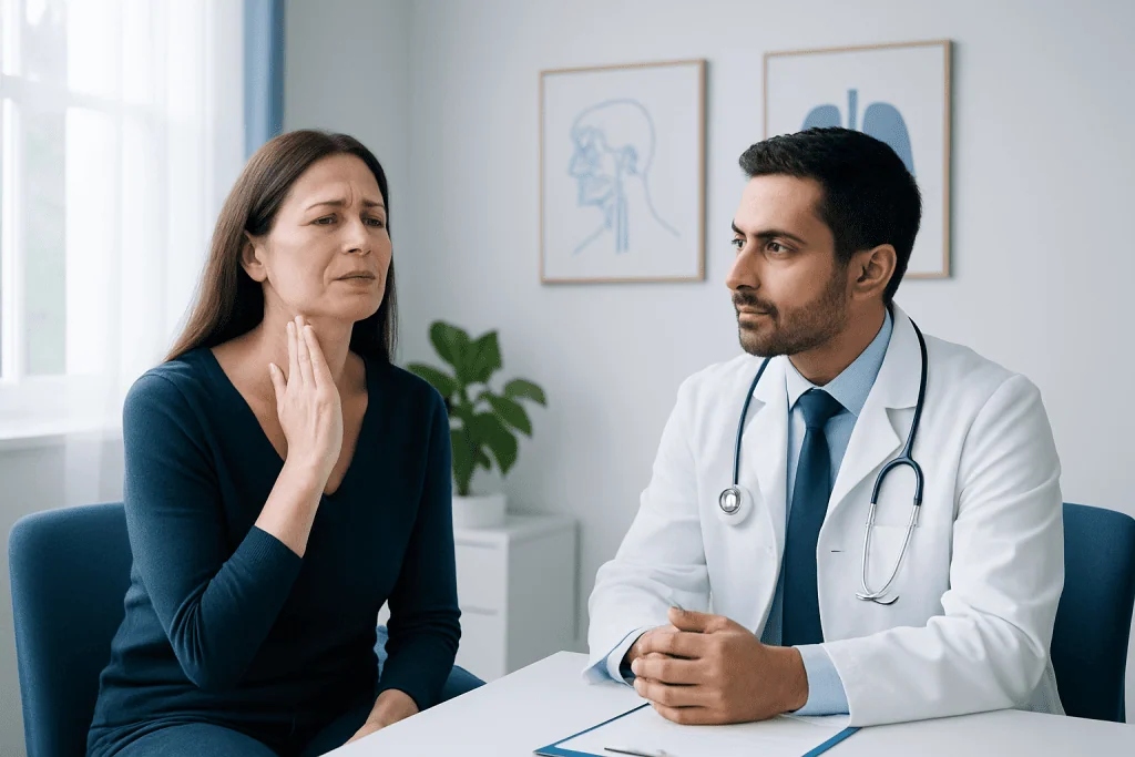 Doctor consulting with a woman about ear or sinus symptoms in a medical office.
