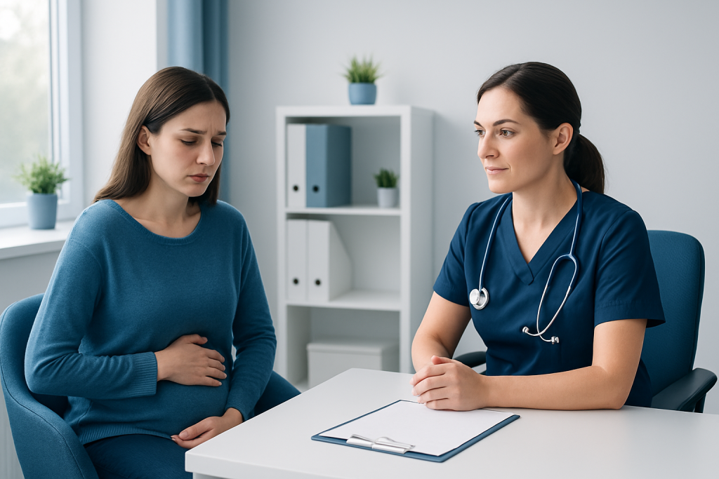 Doctor consulting with a pregnant woman in a medical office.
