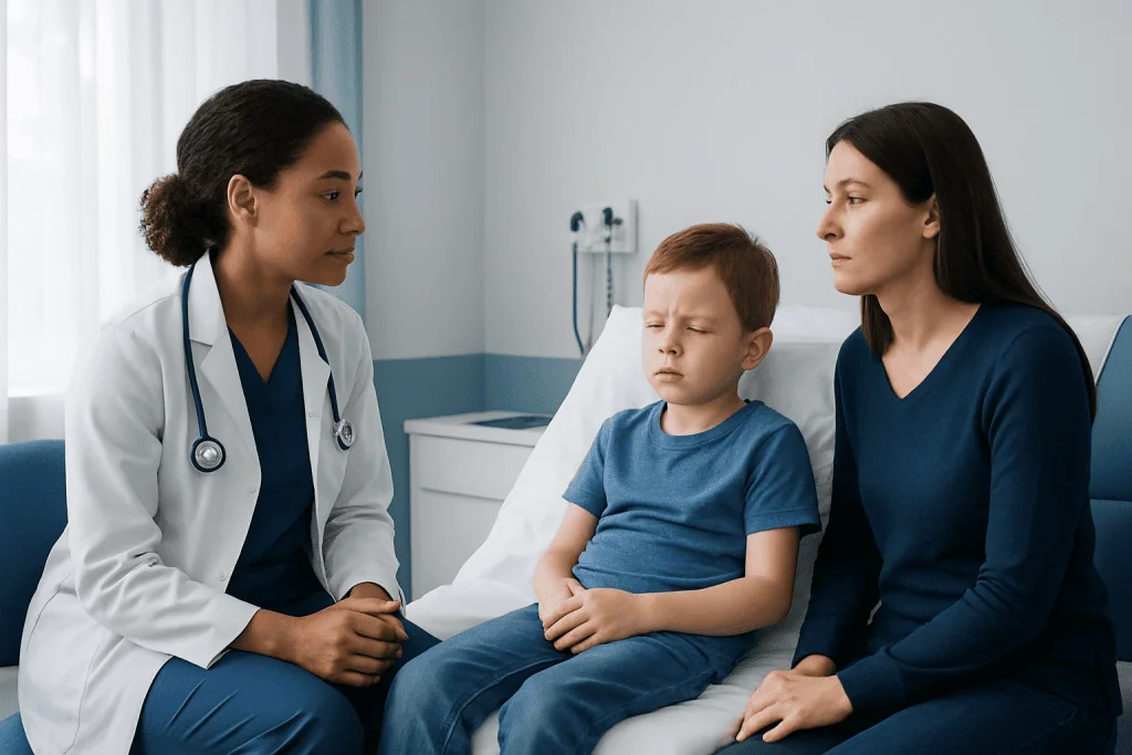 Pediatric patient consulting with doctor and mother in hospital room.