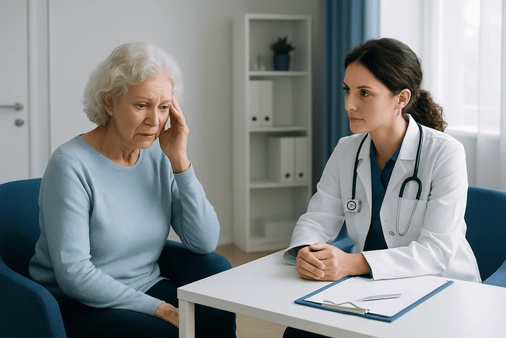 Doctor consulting with elderly woman about health concerns.