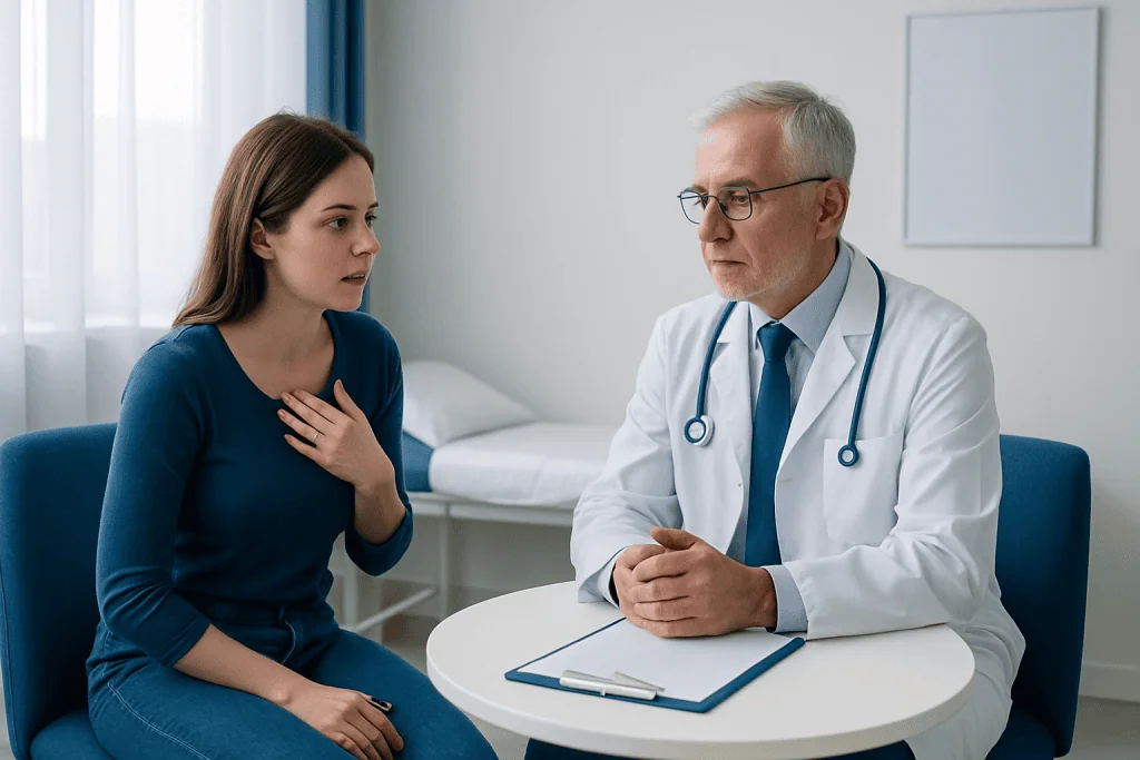 Doctor consulting with young woman patient in a medical office.