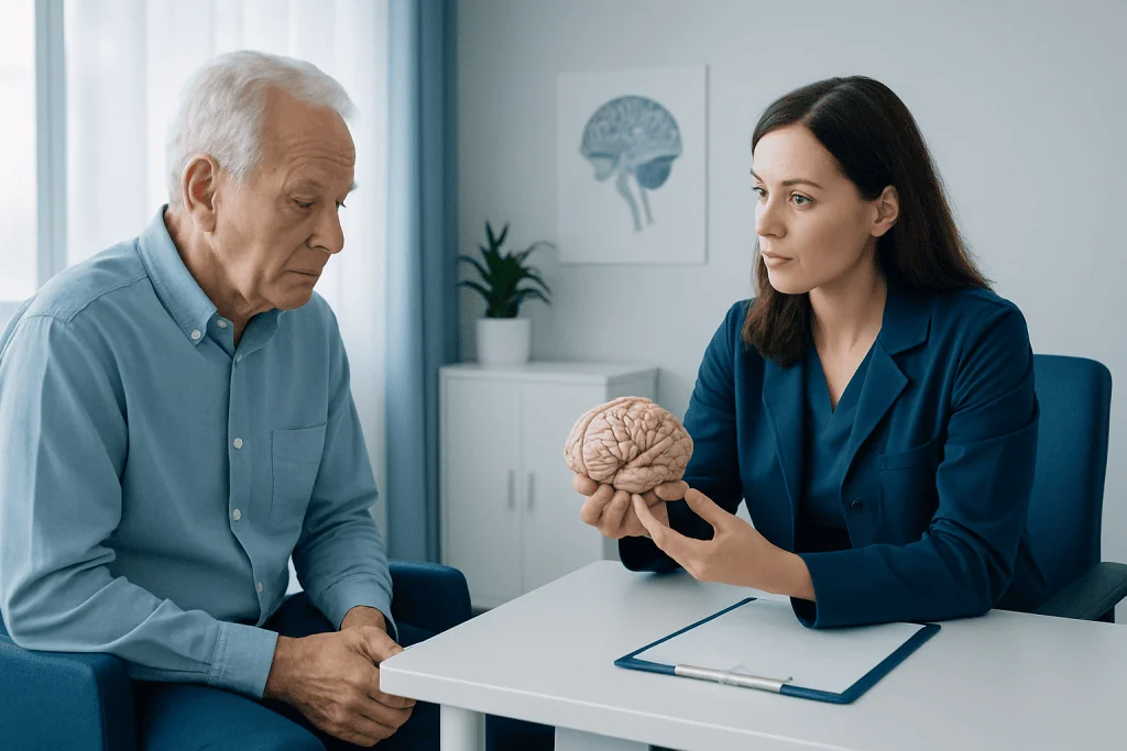 Geriatric neurology consultation with a doctor showing a brain model.