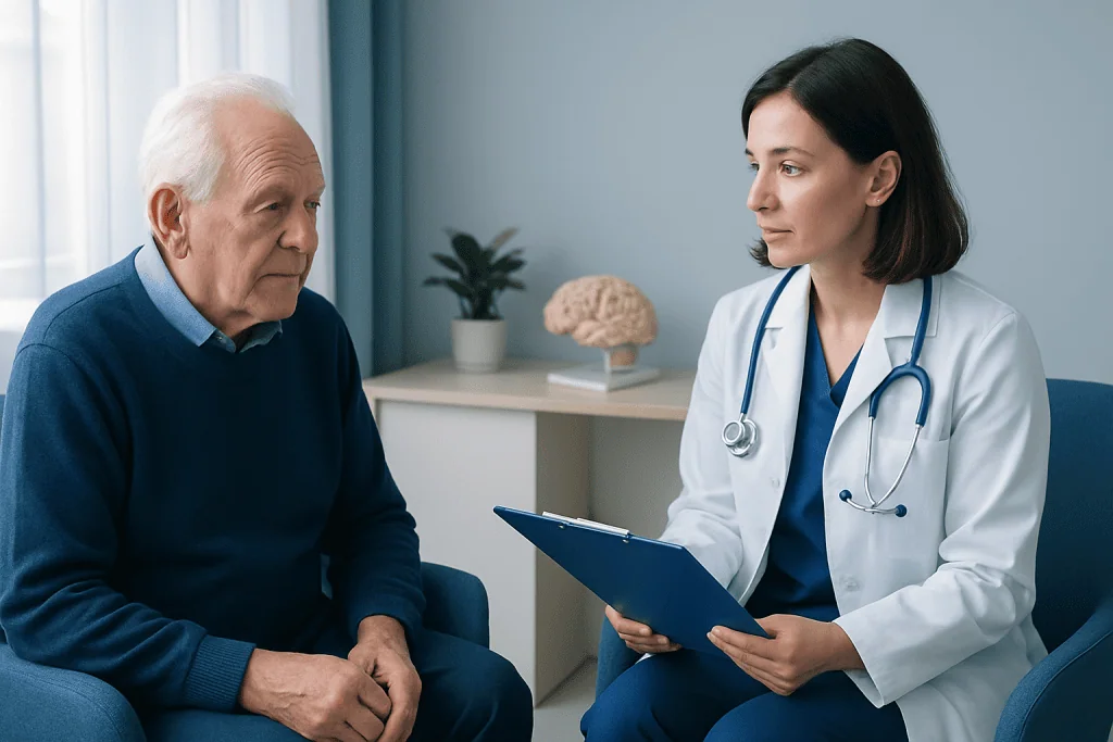 Geriatric neurology consultation with elderly patient and doctor in clinic.