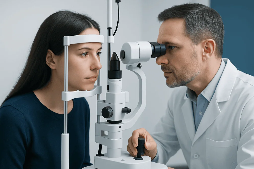 Neuro-ophthalmologist examines patient's eye with slit lamp and microscope.