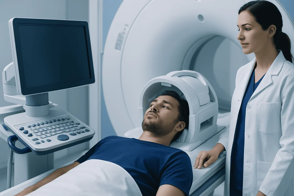 Patient undergoing brain MRI scan at Acibadem Hospital with medical staff present.