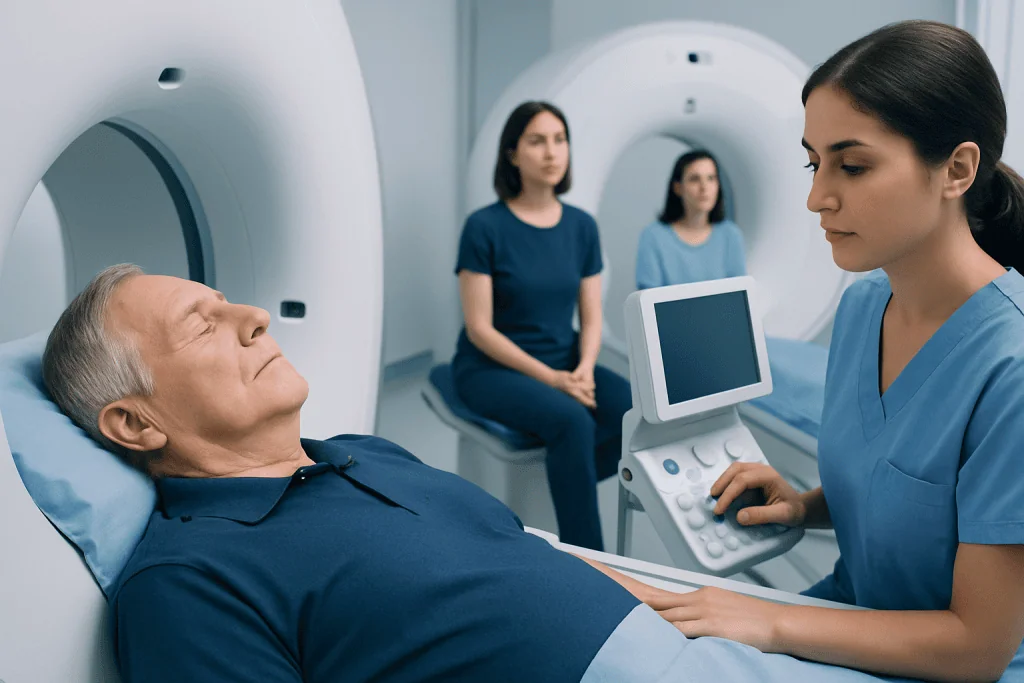 Medical professionals perform an MRI scan on an elderly patient in a hospital.
