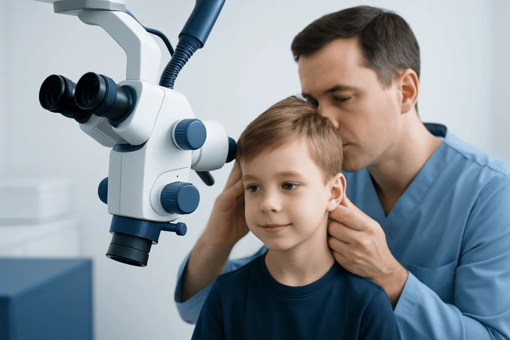 Pediatric ENT specialist examining a child's ear with a microscope.