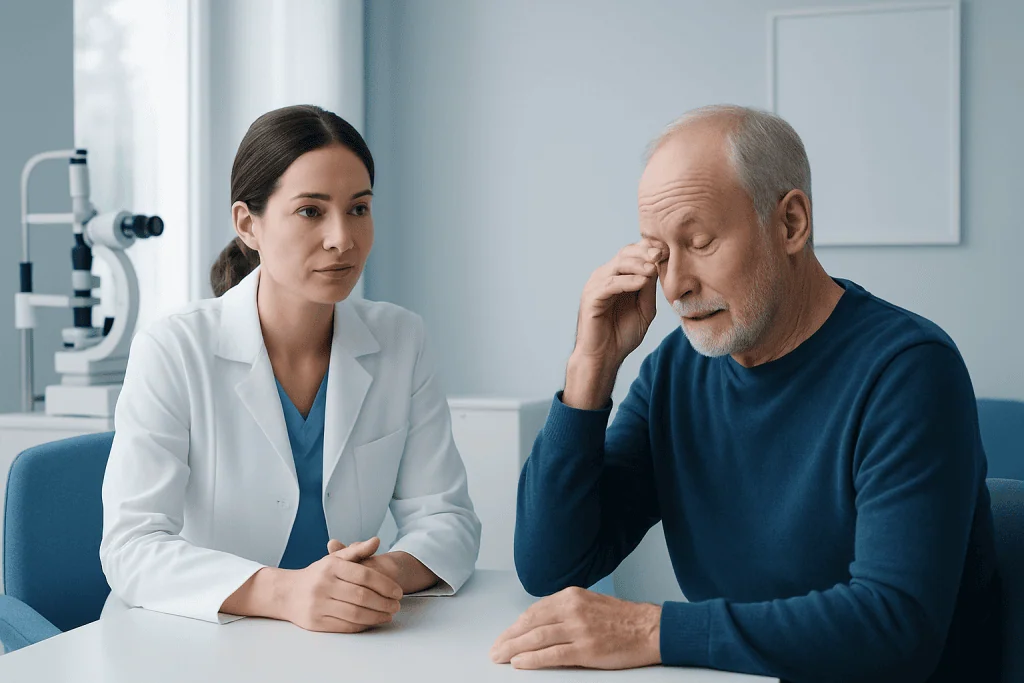 Oculoplastic consultation with a doctor and elderly patient in clinic.