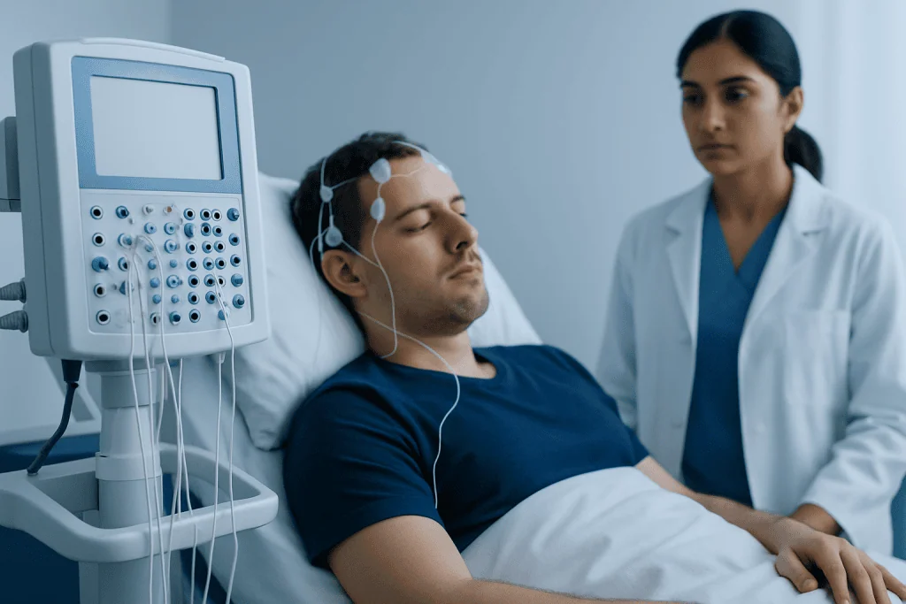 Patient undergoing a neurological sleep study at Acibadem Hospital.
