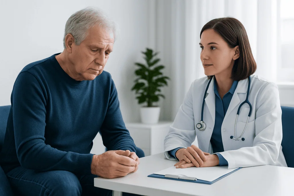 Doctor consulting with an elderly patient about movement disorder symptoms.