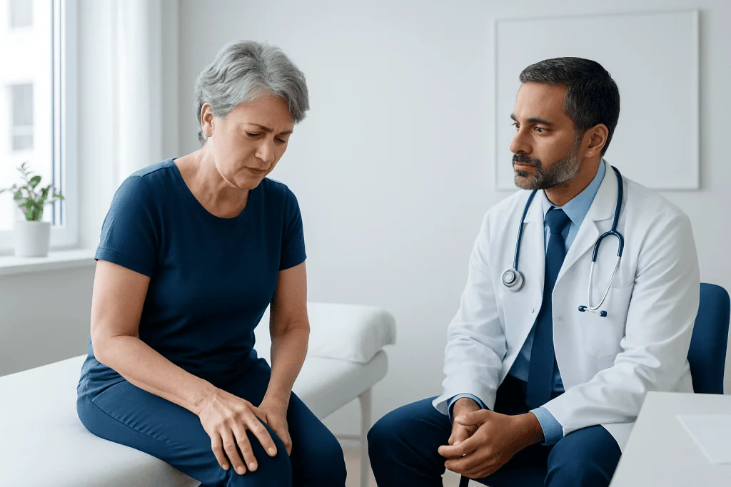 Doctor consulting with an elderly woman about joint pain or injury.