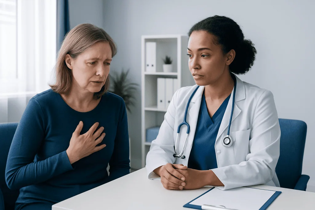 Doctor consulting with a patient about health concerns in a medical office.