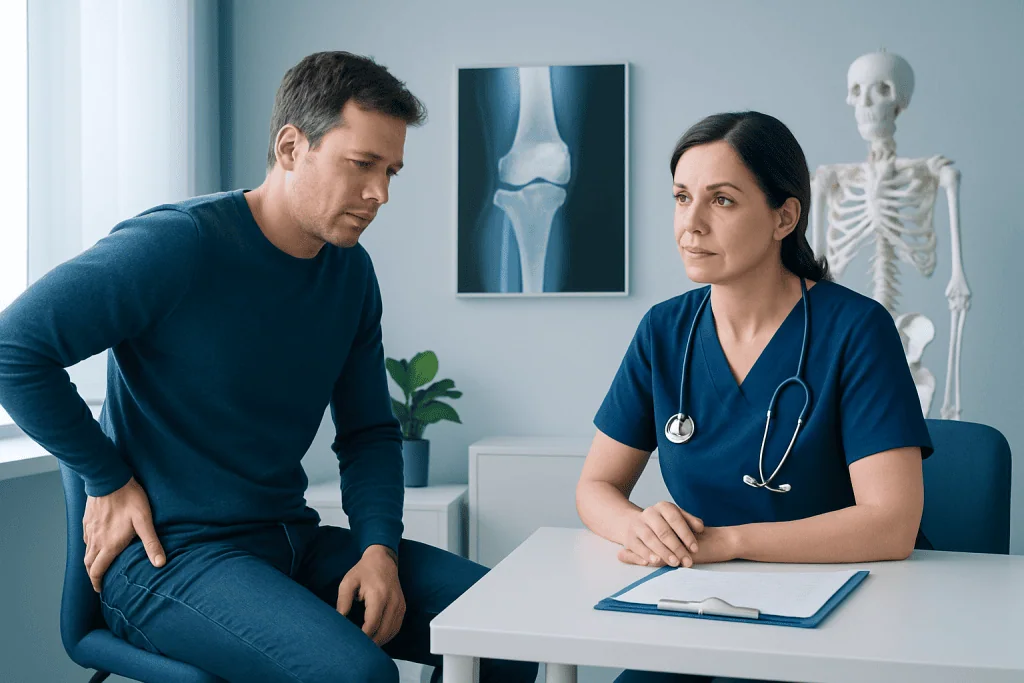 Orthopedic consultation with doctor and patient discussing knee pain.