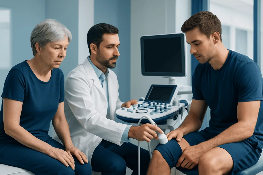 Orthopedic doctor examining patient's knee with ultrasound in clinic.