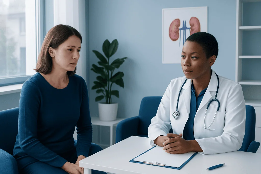 Doctor consulting with a patient about kidney health and creatinine levels.