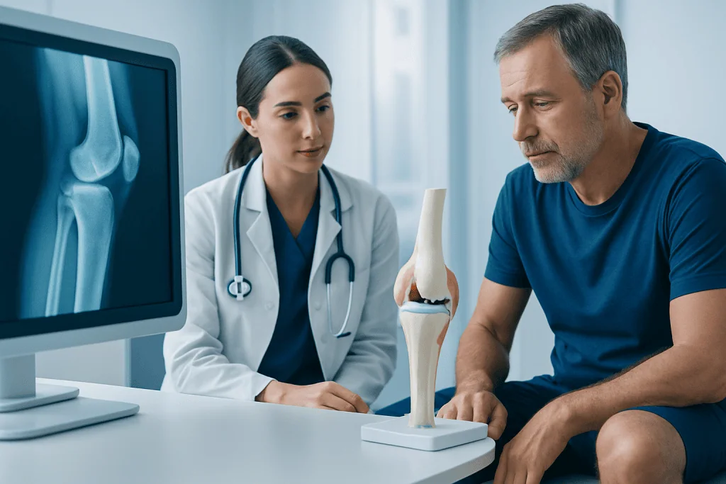 Orthopedic consultation with knee model at Acibadem Hospital.