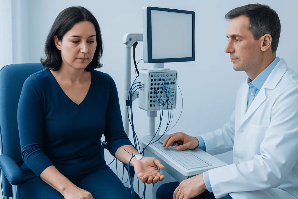 Doctor performing nerve conduction study on patient in clinical neurophysiology lab.
