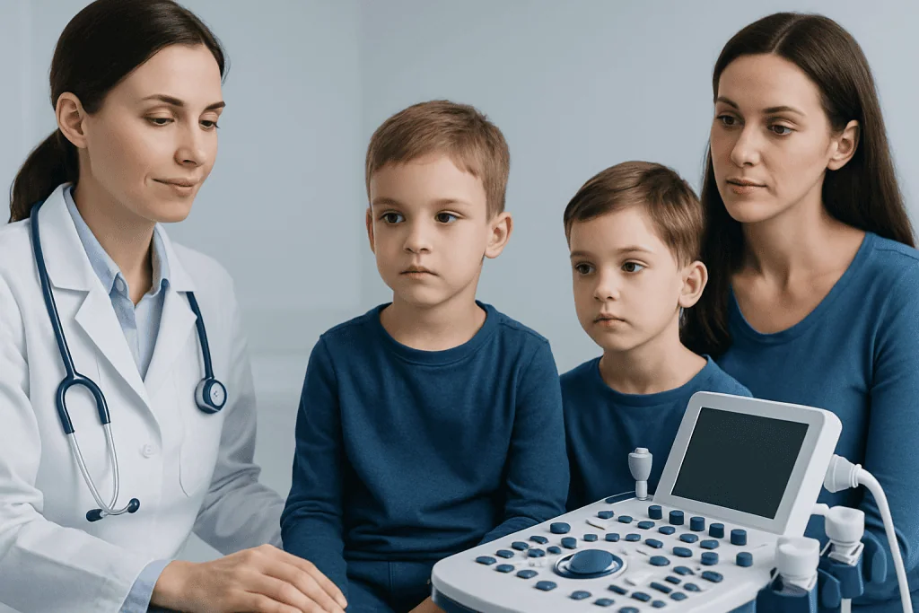 Pediatric neuroimmunology consultation with children and doctor at hospital.