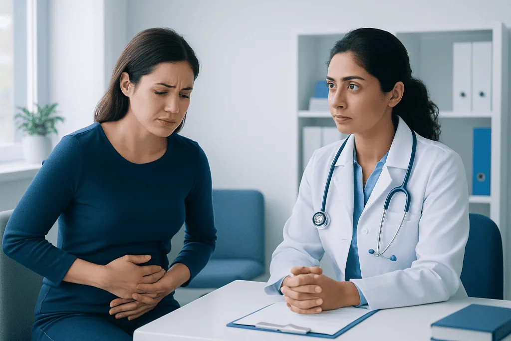Doctor consulting with a woman experiencing stomach pain in a medical office.