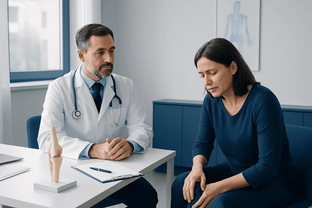 Doctor consulting with a woman patient about joint pain in a modern clinic.