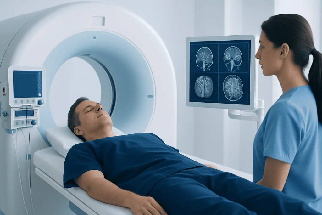 Patient undergoing brain MRI scan at Acibadem Hospital.