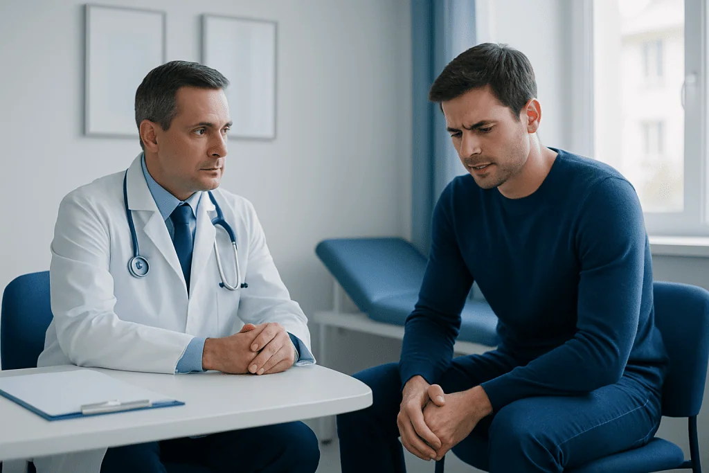 Doctor consulting with a patient about orthopedic injury symptoms in a clinic.